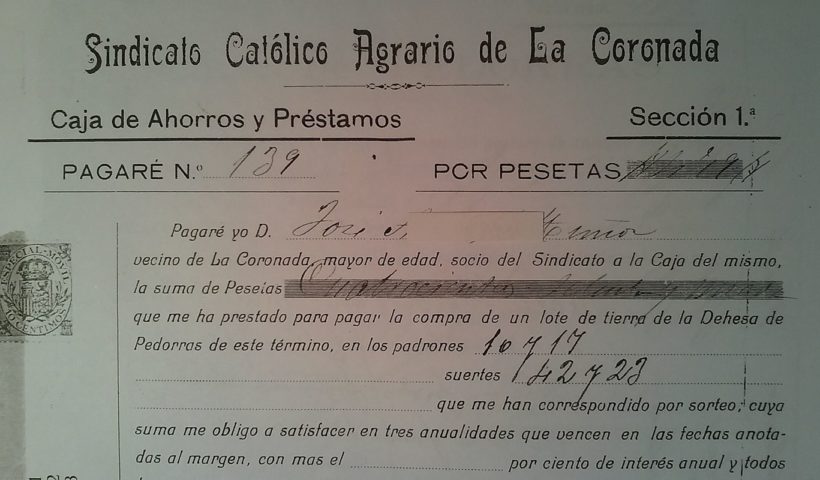 Pagaré al Sindicato católico agrario de La Coronada (Badajoz)