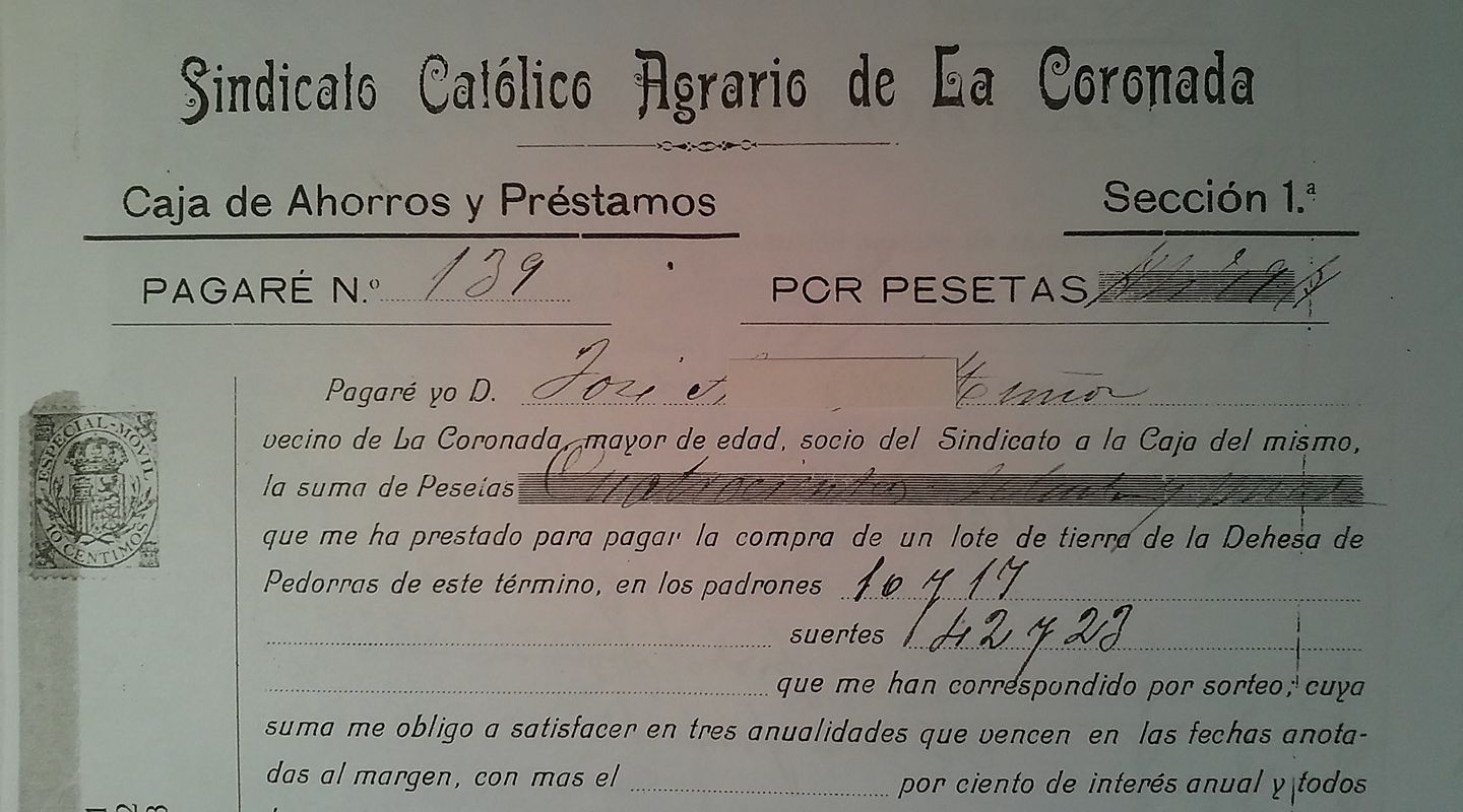 Pagaré al Sindicato católico agrario de La Coronada (Badajoz)