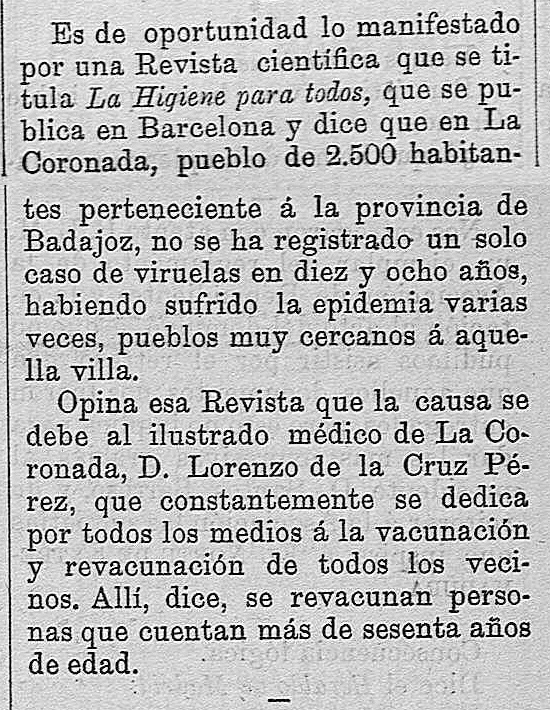 Recorte del periódico El norte de Extremadura en el que se habla de la viruela en La Coronada