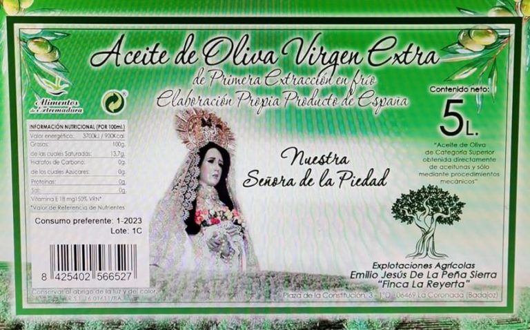 Etiqueta del aceite de oliva virgen extra Nuestra Señora de la Piedad de La Coronada (Badajoz)