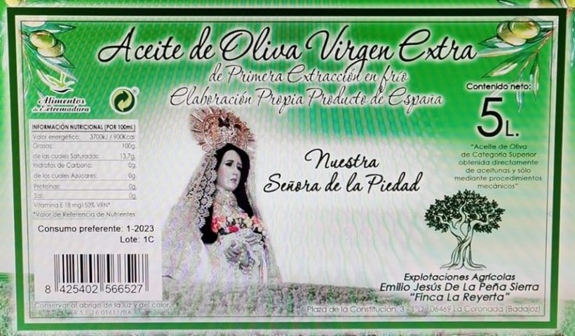 Etiqueta del aceite de oliva virgen extra Nuestra Señora de la Piedad de La Coronada (Badajoz)