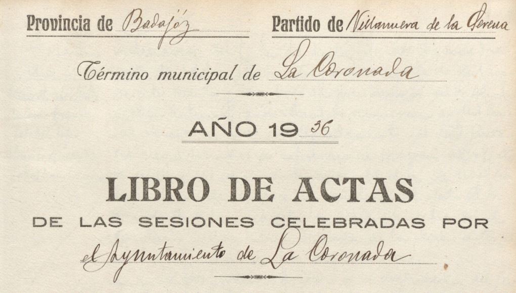 Portada del libro de actas de 1936 del ayuntamiento de La Coronada (Badajoz)